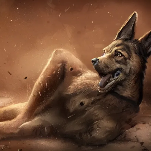 Prompt: a wounded humanoid german shepherd beast - man in military style, sitting on the carpeted floor beside a bed, highly detailed portrait, digital painting, artstation, concept art, smooth, sharp foccus ilustration, artstation