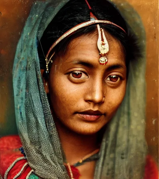 Image similar to vintage_closeup portrait_photo_of_a_stunningly beautiful_nepalese_woman with amazing shiny eyes, 19th century, hyper detailed by Annie Leibovitz