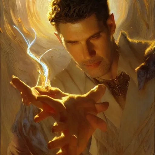 Image similar to attractive male deity casts light spell, summons attractive male lucifer morningstar. highly detailed painting by gaston bussiere, craig mullins, j. c. leyendecker 8 k