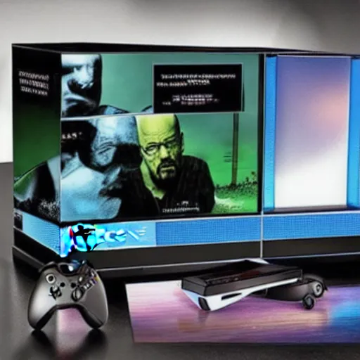 Image similar to “A press photo of a Breaking Bad themed Xbox One video game console”