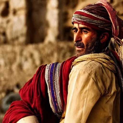 Image similar to Close up of a Kurdish shepherd wearing traditional Kurdish clothes in a movie directed by Christopher Nolan, movie still frame, promotional image, imax 70 mm footage