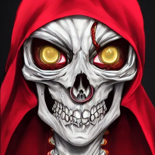 Image similar to anime manga skull portrait young woman skeleton, red riding hood, unreal engine, intricate, elegant, highly detailed, digital art, art by JC Leyendecker and William Turner 1860