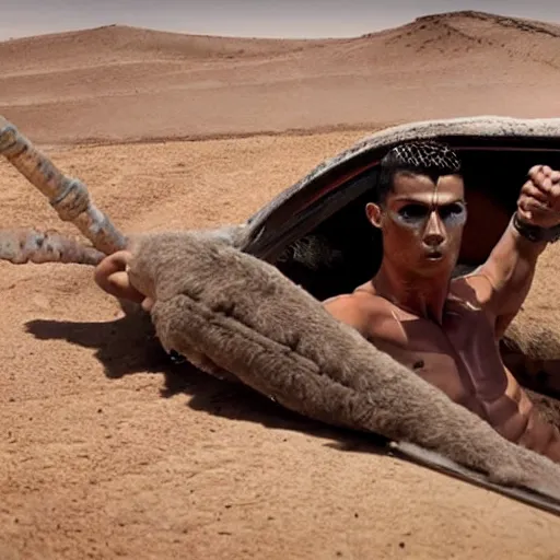 Image similar to cristiano ronaldo as the doof warrior in mad max fury road ( 2 0 1 5 ), movie still,