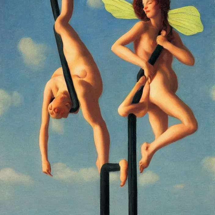 Prompt: pole dancing fairies in the style of Edward Hopper and Rene Magritte, highly detailed