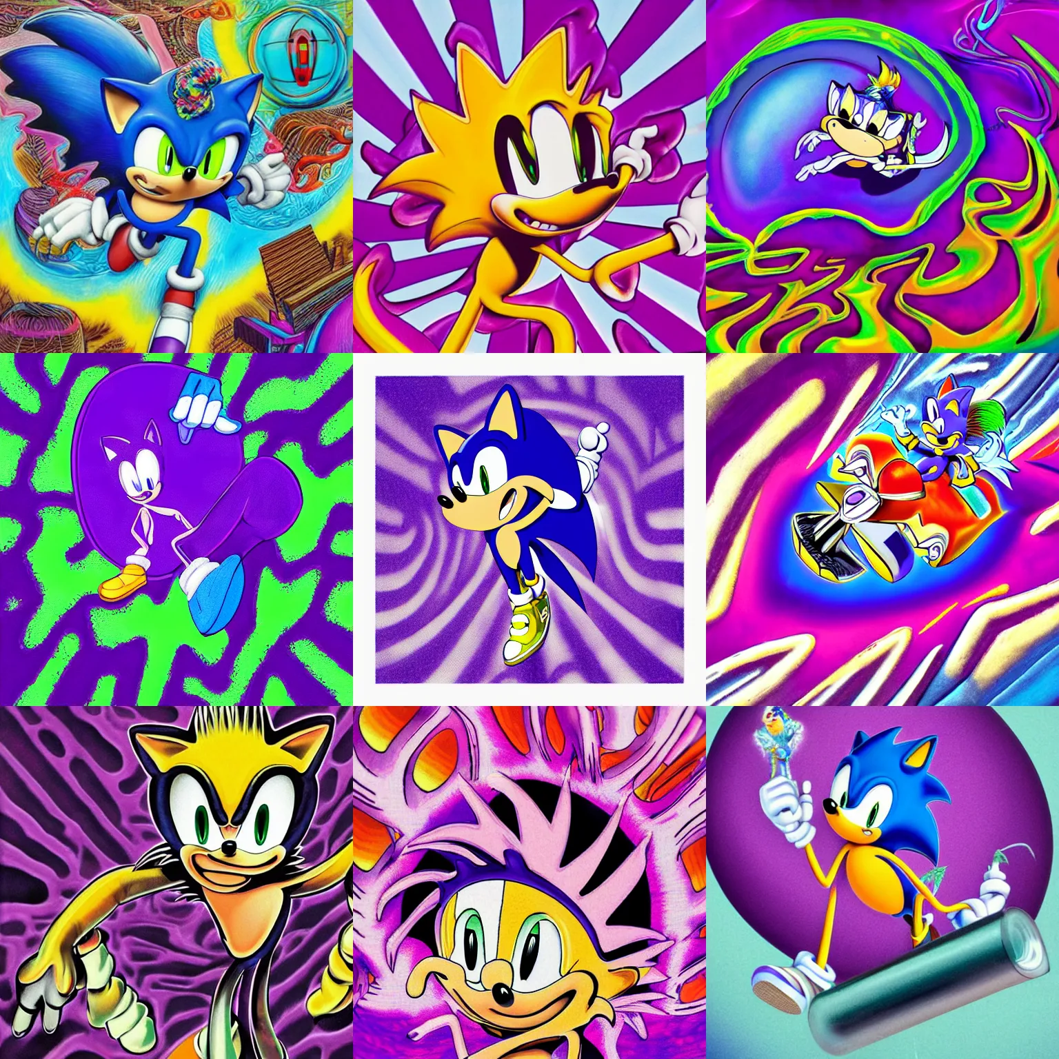 Prompt: surreal, faded, totally radical detailed professional, high quality airbrush art MGMT album cover of a liquid dissolving LSD DMT sonic the hedgehog on a flat purple checkerboard plane in the style of John Kricfalusi, 1990s 1992 prerendered graphics raytraced phong shaded album cover