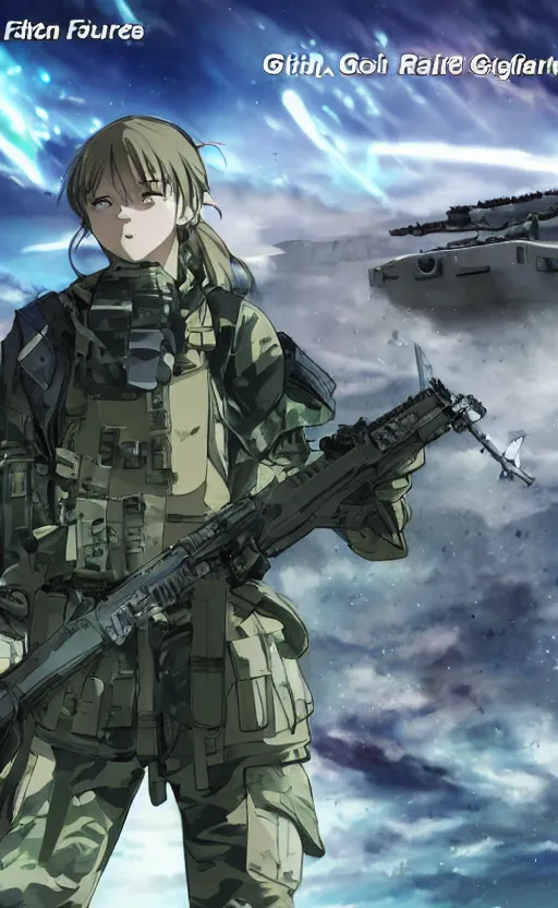 Prompt: girl, trading card front, future soldier clothing, future combat gear, realistic anatomy, war photo, professional, by ufotable anime studio, green screen, volumetric lights, stunning, military camp in the background, metal hard surfaces, anime eyes, generate realistic face, strafing attack plane