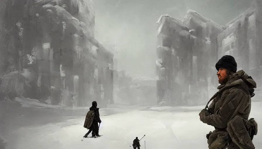 Image similar to a beautiful painting in the style of sergey kolesov of a snowy landscape overlooked by a handsome man in tactical gear fit for a spy, overseeing a large brutalist facility in the distance, award winning art