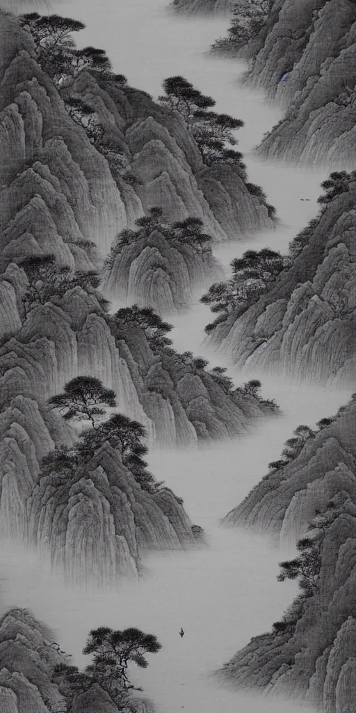Image similar to Environmental shot, Beautiful!!!!! chinese ink-wash painting of a cliff surrounding a river, birds flying , shui mo hua, highly intricate