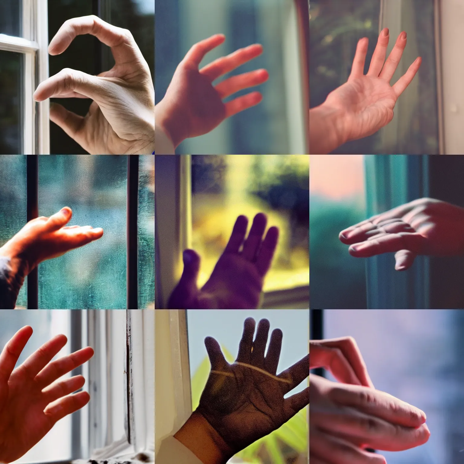 Prompt: extreme close up photo of beautiful palm of hand with five fingers pressed against window