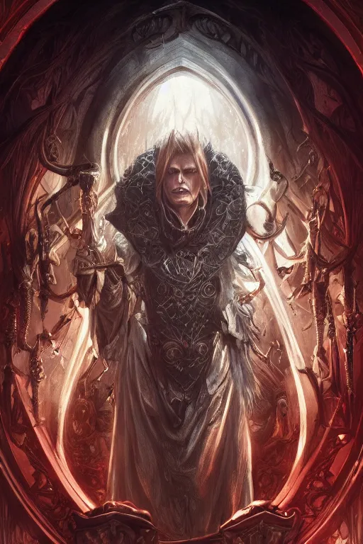 Image similar to ultra realistic illustration, vampire king david bowie from diablo and baldurs gate, intricate, elegant, highly detailed, digital painting, artstation, concept art, smooth, sharp focus, illustration, art by artgerm and greg rutkowski and alphonse mucha