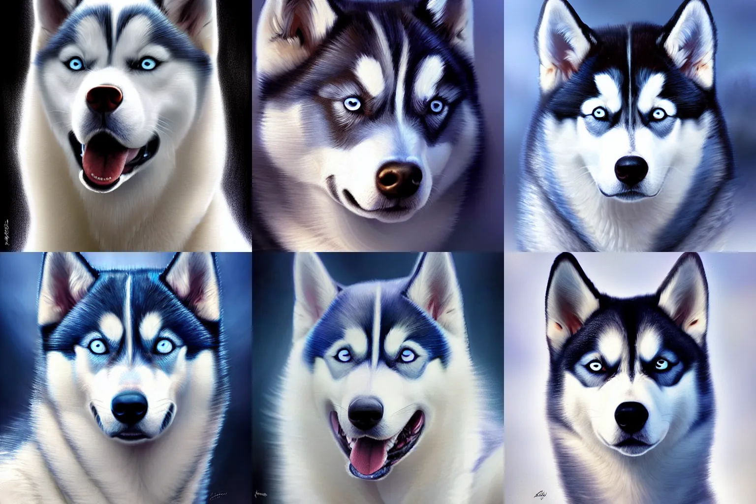 Prompt: blue-eyed husky, digital painting, extremely detailed, 4k, intricate, brush strokes, Mark Arian, Artgerm, Bastien Lecouffe-Deharme