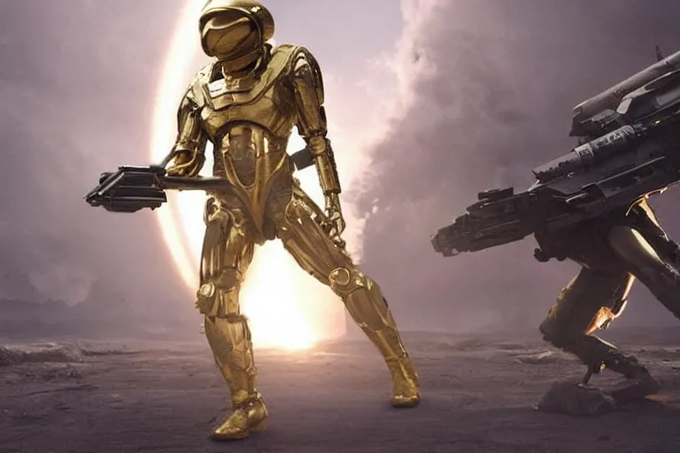 Image similar to vfx movie, sci - fi super soldier in worn military futuristic armor, gold visor, leaping with futuristic rifle in alien technology temple, by emmanuel lubezki