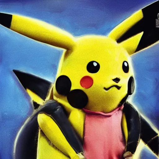 Image similar to close up of pikachu wearing gimp suit, cinematographic shot, by daniel f. gerhartz