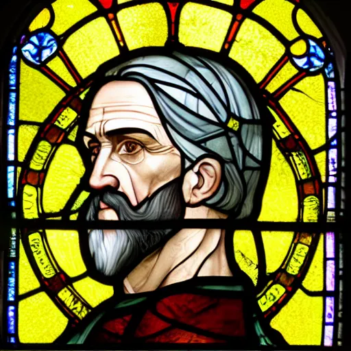 Prompt: side - view portrait of gaunter o'dimm from the witcher 3, 1 0 th century stained glass window, very masterful