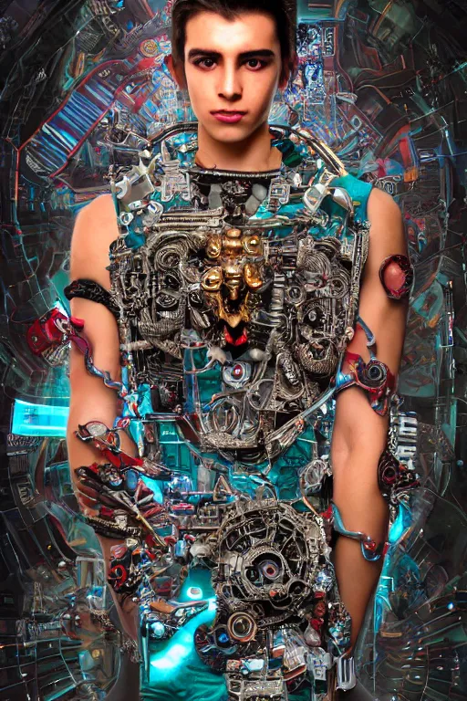 Image similar to full-body cyberpunk style sculpture of a young handsome Aztec prince half android with a chest opening exposing sparked circuitry, exposed motherboard, glowing red eyes, crown of white roses, flowing teal-colored silk, fabric, flowers. baroque elements, human skull. full-length view. baroque element. intricate artwork by caravaggio. many many birds birds on background. Trending on artstation, octane render, cinematic lighting from the right, hyper realism, octane render, 8k, depth of field, 3D