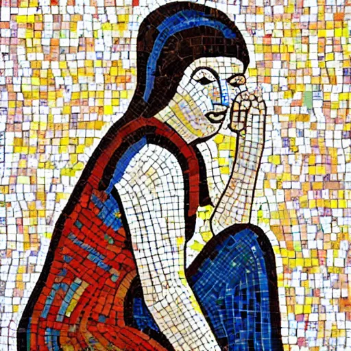 Prompt: A beautiful land art. Her cell is as bare as mine. She is sitting in the middle, hugging her knees, wrapped in a toga-like garment. mosaic, orpist by Stuart Davis, by Ed Mell lavish