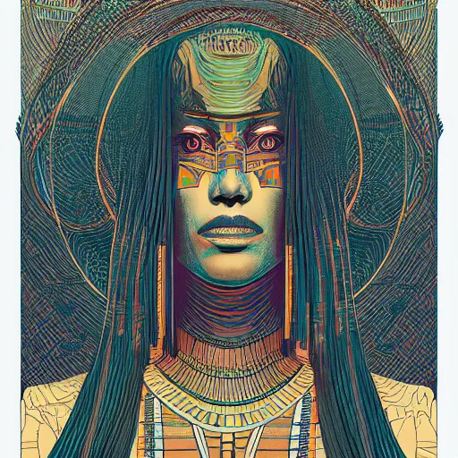 Prompt: portrait of mad egyptian queen, symmetrical, by juan gimenez and victo ngai, drawing, illustration, clear line