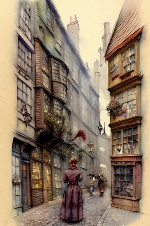 Prompt: (((((1950s Diagon Alley . muted colors.))))) by Jean-Baptiste Monge !!!!!!!!!!!!!!!!!!!!!!!!!!!