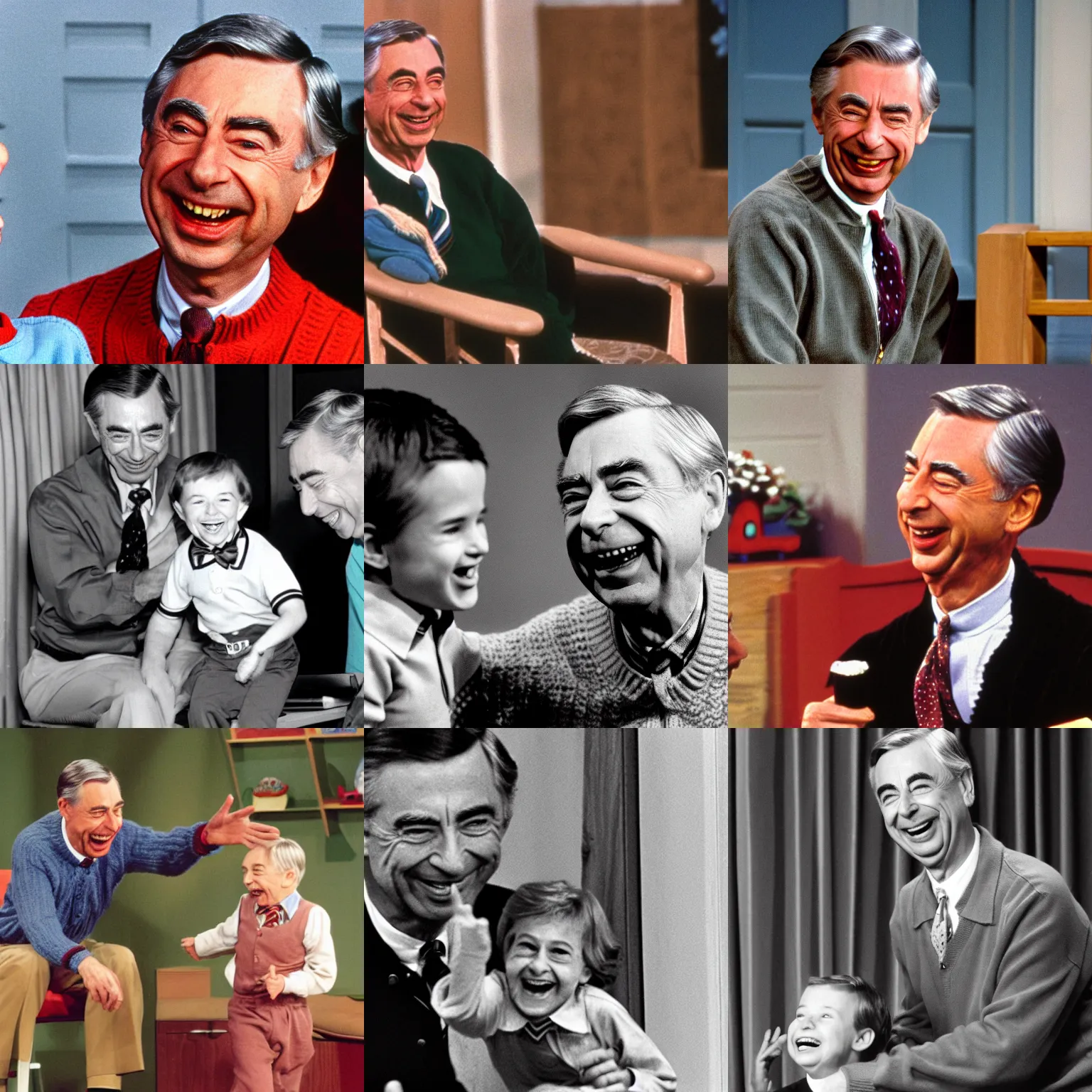 Prompt: fred rogers laughing at a child falling over