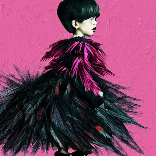 Image similar to little girl with an pink bizarre haircut wearing an dress made of black feathers, artwork made in art style ilya kushinov