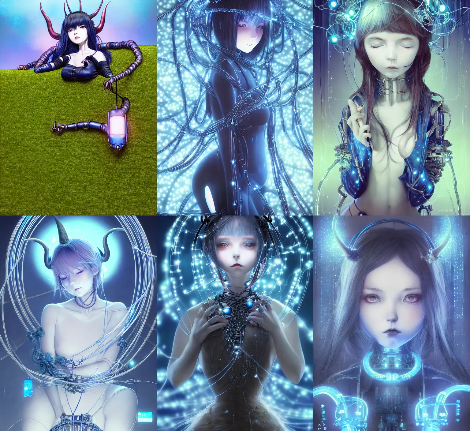 Prompt: detailed, sharp, sleeping humanoid female automata with glowing blue horns wearing gothic ornament surrounded by wires by Ilya Kuvshinov and Anna Dittmann and studio ghibli and WLOP and Rossdraws, digital art, surreal, trending on artstation, anime arts, featured on Pixiv, blue lighting, HD, 8K, highly detailed, good lighting, beautiful, epic, masterpiece