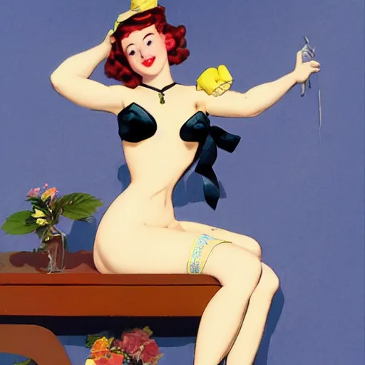 Image similar to a gacha live character in the style of gil elvgren,