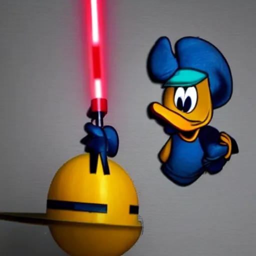 Prompt: donald duck hanging from a chopper with a lightsaber