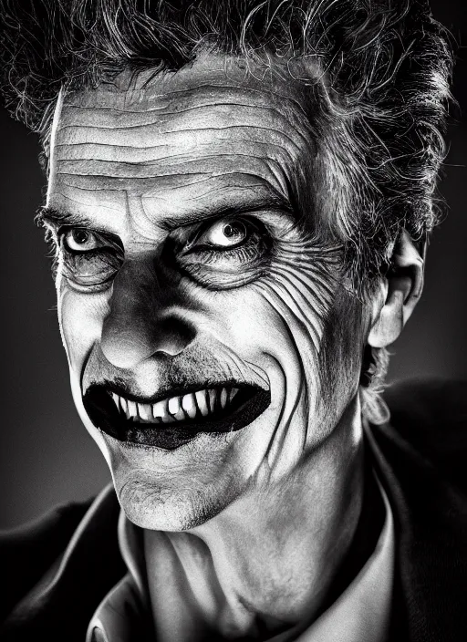 Prompt: photo of Peter Capaldi as the Joker by Lee Jeffries and Eolo Perfido, big smile, head shot, detailed, award winning, Sony a7R, trending on artstation