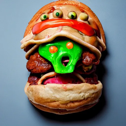 Image similar to a humanoid bipedal upright zombie that strongly resembles a hamburger, professional food photography