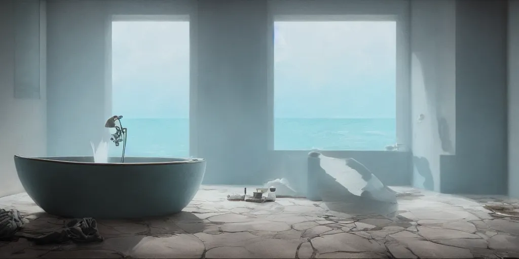 Prompt: an ocean in the bathtub, detailed oil painting, cinematic angle, hyperrealistic, breathtaking, volumetric lighting, cinematic lighting, dynamic, Studio Ghibli, digital art, octane render, epic composition, trending on artstation, masterpiece