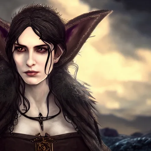 Prompt: yennefer as a medieval fantasy tolkien elf, dark purplish hair tucked behind ears, wearing leather with a fur lined collar, wide face, muscular build, scar across the nose, cinematic, character art, real life, 8 k, detailed.