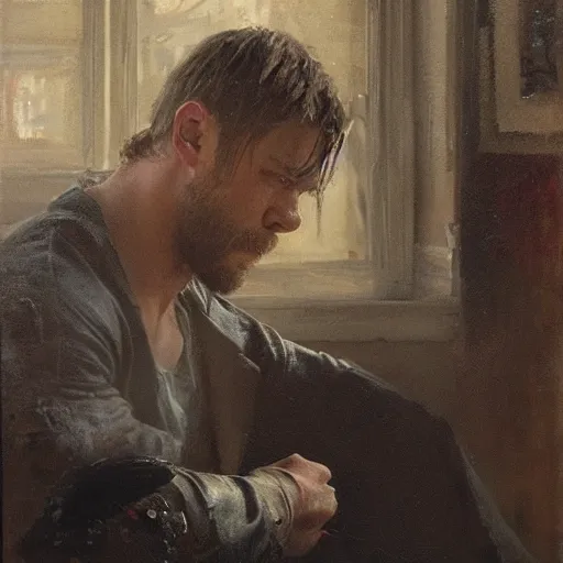 Prompt: portrait of an emotional chris hemsworth, by jeremy mann, anders zorn.