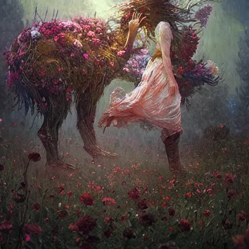 Prompt: a beautiful terrifying monster made of flowers. ethereal horror fantasy art by greg rutkowski and magali villanueve and monet