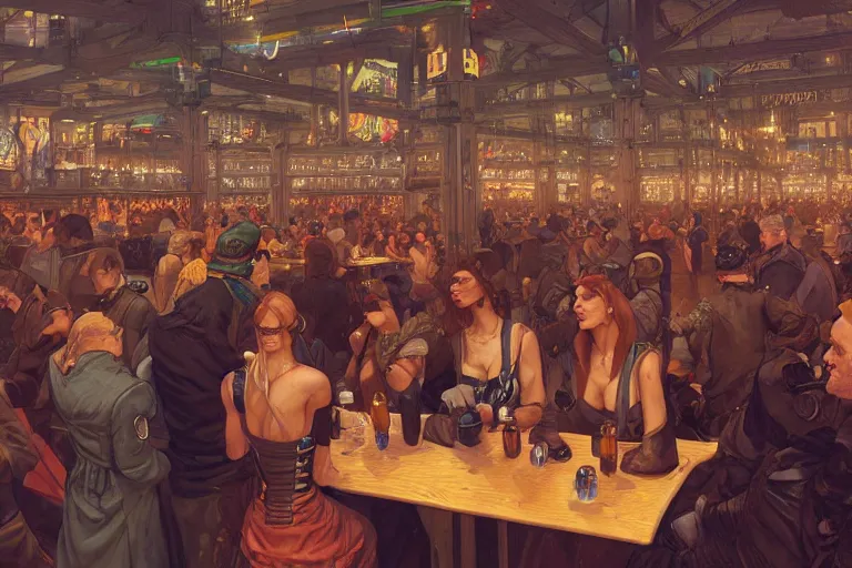 Image similar to crowded cyberpunk oktoberfest beer hall, several pretty women, by BROM, by Greg Rutkowski, by Milo Manara, 3d scene, render, ultra realistic, artstation, cgsociety, level design, unreal engine, 3d scene, zenith view