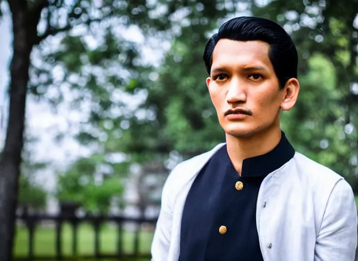 Image similar to outdoor portrait of jose rizal!! as a handsome young man in 2 0 2 2!! wearing stylish modern clothes, photo taken in 2 0 2 0, 3 5 mm f 1. 4 digital photo, matte colors