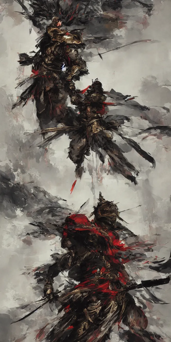 Prompt: a beautiful painting of a chinese warrior in a scenic environment by Yoji Shinkawa and Ruan Jia, strong lines and bold colors, limited color palette, atmosphere and tension, Japanese, trending on artstation