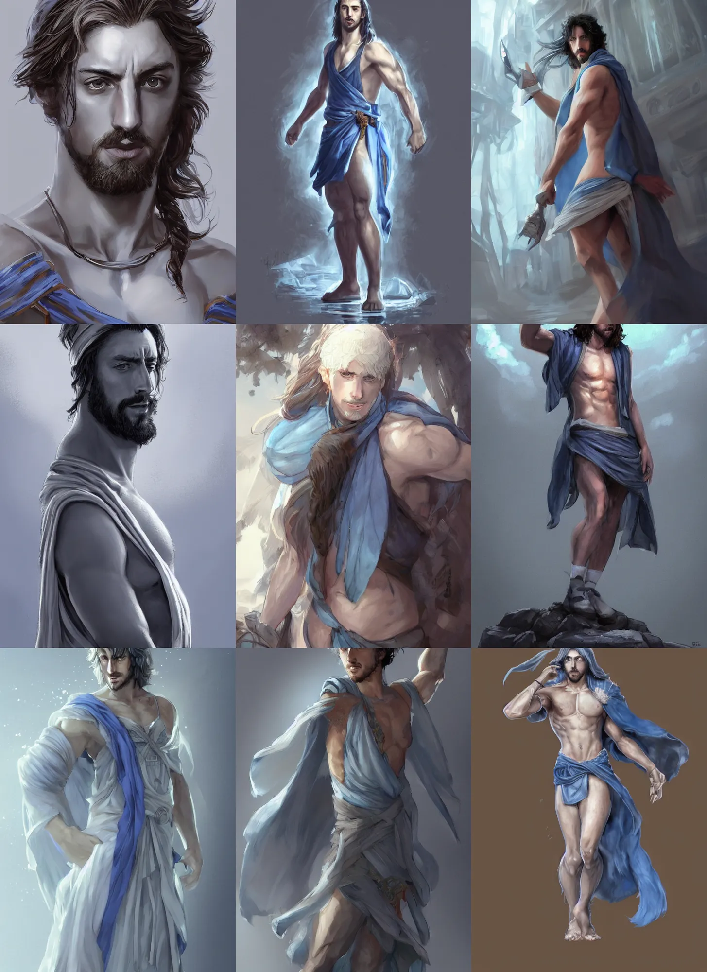 Prompt: distant full body view, aaron taylor johnson in a toga, long hair, digital painting, concept art, smooth, sharp focus, gray and blue light, illustration by artgerm, yoshitaka amano, krenz cushart, shinji aramaki