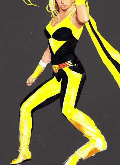 Prompt: britney spears as a yellow and black stripes luxurious power ranger by greg rutkowski, claude monet, conrad roset, takato yomamoto, rule of thirds, sigma look, beautiful