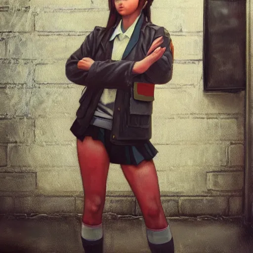 Image similar to a perfect, realistic professional 80s oil painting of a Japanese schoolgirl posing in a dystopian alleyway, style of Marvel, full length, by a professional American senior artist on ArtStation, a high-quality hollywood-style concept