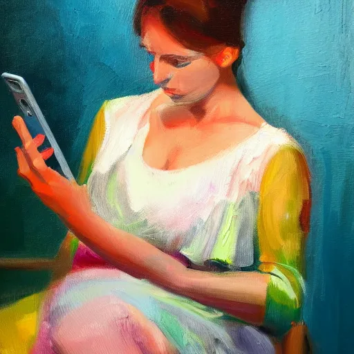 Image similar to a vivid impressionistic painting portrait of a bored woman, she is holding a smartphone, oil on canvas, trending on artstation