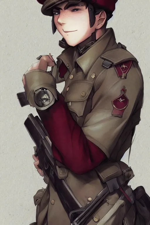Image similar to beautiful portrait commission military clothes maroon beret. Atmospheric. Character design by charlie bowater, ross tran, artgerm, and makoto shinkai, detailed, inked, western comic book art. male anthro!!! fruit bat
