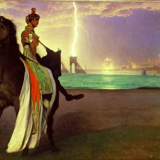 Image similar to Magician riding a horse leaving the castle through the bridge, thunderstorm, beach ocean on the background major arcana sky, by paul delaroche, alphonse mucha and arnold böcklin arnold böcklin hyperrealistic 8k, very detailed