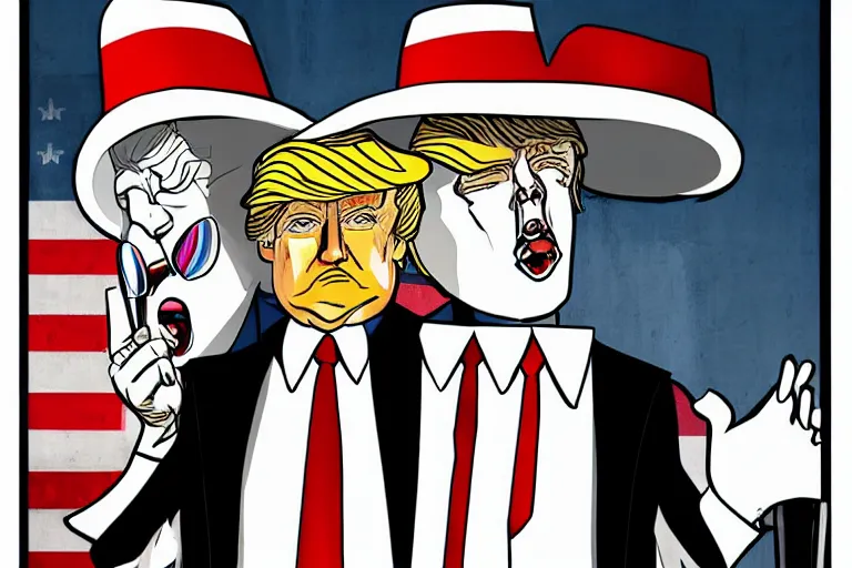 Prompt: 2 d poster illlustration donald trump and donald trump wearing trenchcoats and black floppy spy hats, stacks of boxes everywhere and a safe broken open for the movie spy vs spy