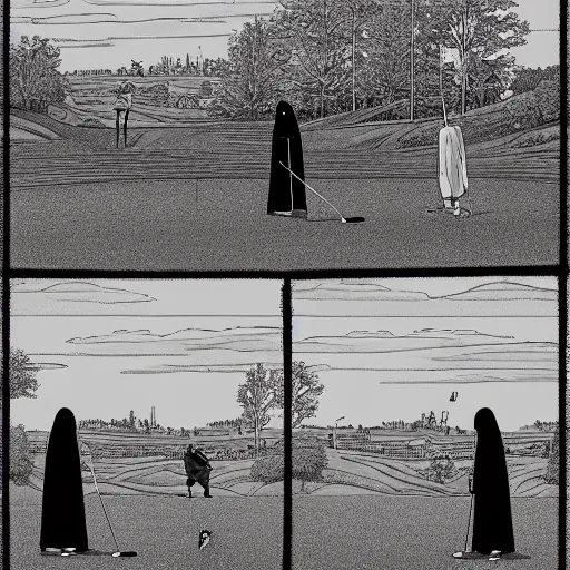 Image similar to the grim reaper standing stoic in black robe, waiting patiently, on a golf course while people play golf, perfect composition, by edmond leighton, simon stalenhag