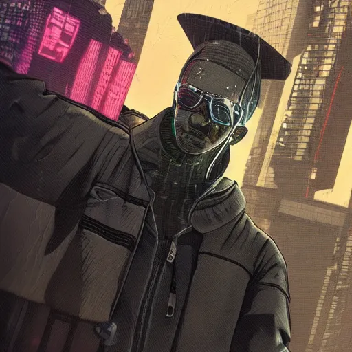 Image similar to a cyberpunk man with implants, techwear, Industrial Scifi, detailed illustration, character portrait, by Martin Grip and Moebius