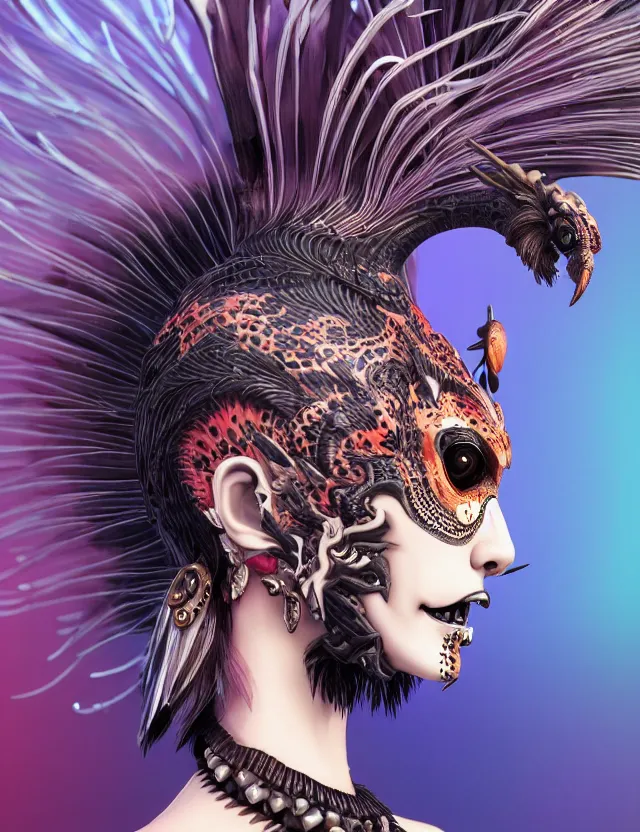 Image similar to 3 d goddess close - up profile simple portrait punk with mohawk with tiger skull. beautiful intricately detailed japanese crow kitsune mask and clasical japanese kimono. betta fish, jellyfish phoenix, bio luminescent, plasma, ice, water, wind, creature, artwork by tooth wu and wlop and beeple and greg rutkowski