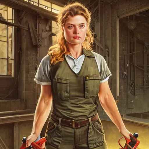 Image similar to epic portrait a slightly muscular woman wearing short sleeved uniform and carrying a powertool, detailed, centered, digital painting, artstation, concept art, donato giancola, Joseph Christian Leyendecker, WLOP, Boris Vallejo, Breathtaking, 8k resolution, extremely detailed, beautiful, establishing shot, artistic, hyperrealistic, beautiful face, octane render