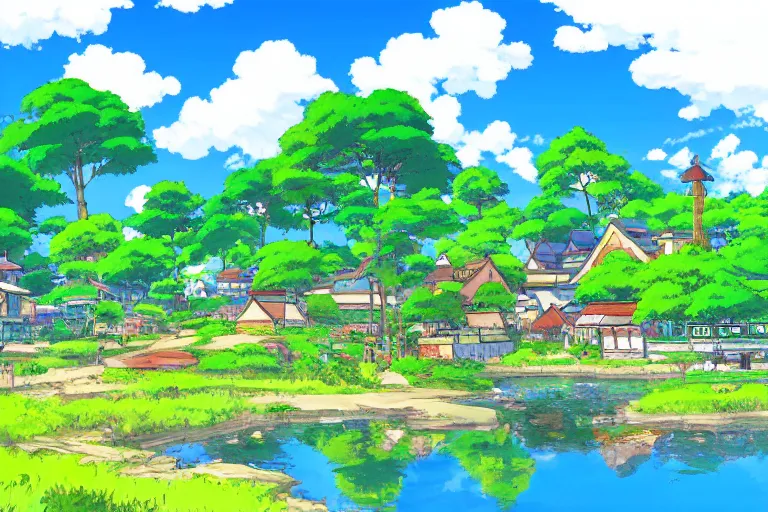 Image similar to landscape of peaceful village with azure blue lake, studio ghibli, anime background, lively colors, high contrast, art by makoto shinkai