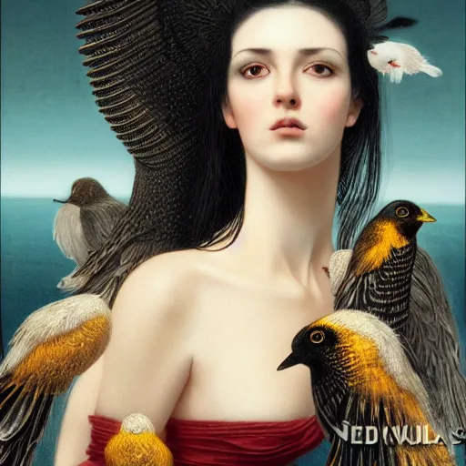 Prompt: highly detailed ilustration of a beautiful cute girl with birds, endless black hair, with pale skin, by nicola samuri, by dino valls, by m. w. kaluta, rule of thirds, seductive look, 4 k resolution