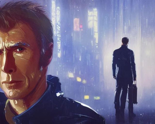 Prompt: 2 0 1 8 blade runner movie young man young clint eastwood in his youth look at the cityscape from roof perfect face fine realistic face pretty face reflective polymer suit tight neon puffy jacket blue futuristic sci - fi elegant by denis villeneuve tom anders zorn hans dragan bibin thoma greg rutkowski ismail inceoglu illustrated sand storm alphonse mucha